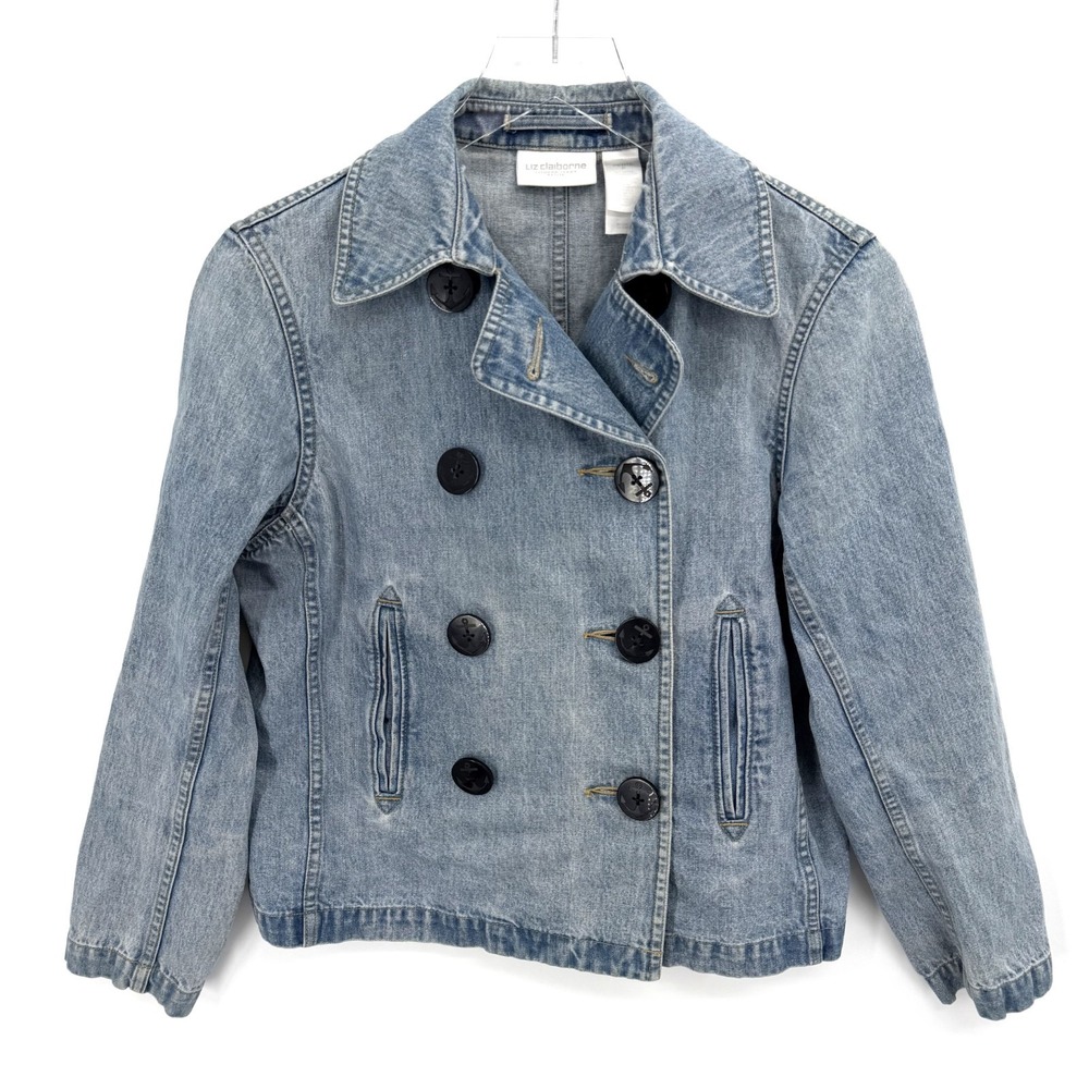 Liz Claiborne Denim Jacket Size Petite Double Breasted Sailor Buttons Fisherman